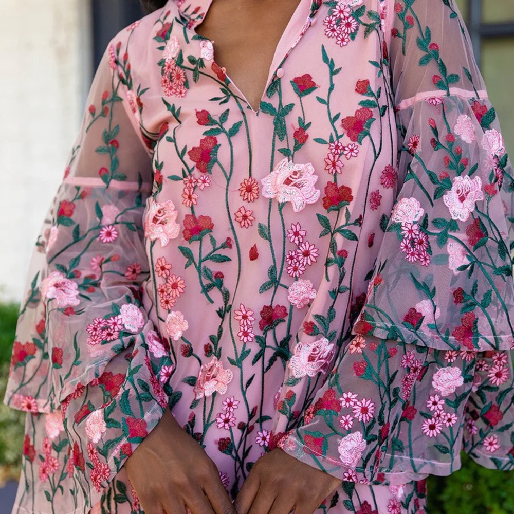 Floral Embroidered Sheer Sleeve Dress
